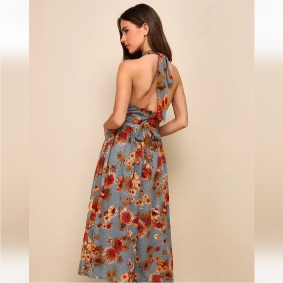 Charming Vision Blue Floral Swiss Dot Lurex
Halter Midi Dress - Lulu's - Picture 3 of 10